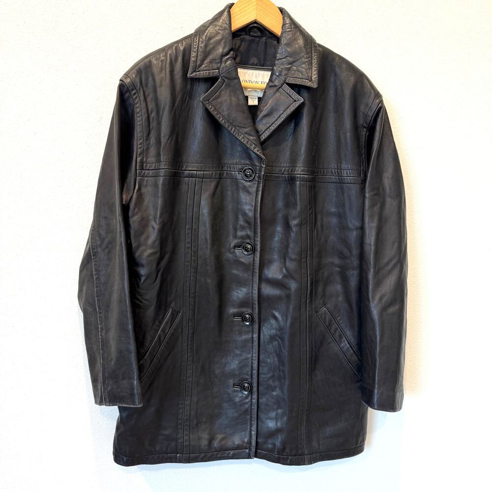 Vtg London Fog Black Leather Jacket Small Oversized Button Front Collared Coat